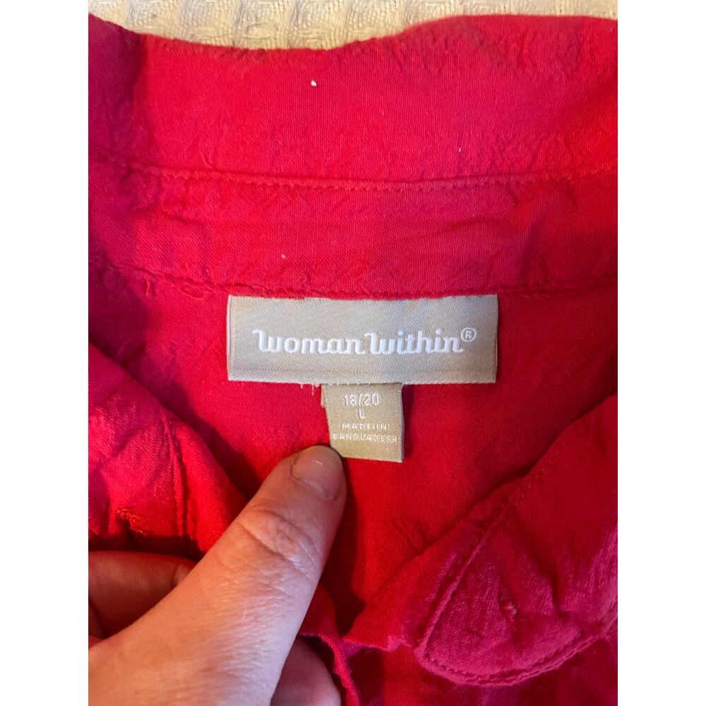 Woman Within Boho Cottage Cotton Red Textured Roll Tab Sleeves Button Up Top Lg - Picture 10 of 11